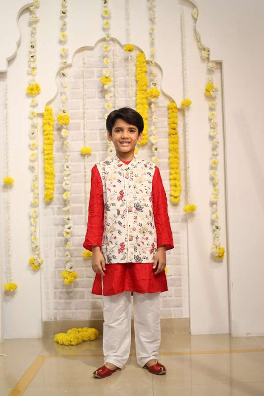 Red Kurta With Off White Floral And Sequins Embroidered Jacket And Pyjama - Kirti Agarwal