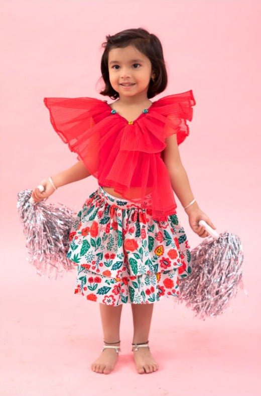 Red Layered Organza top with Flower print Skirt - Kirti Agarwal