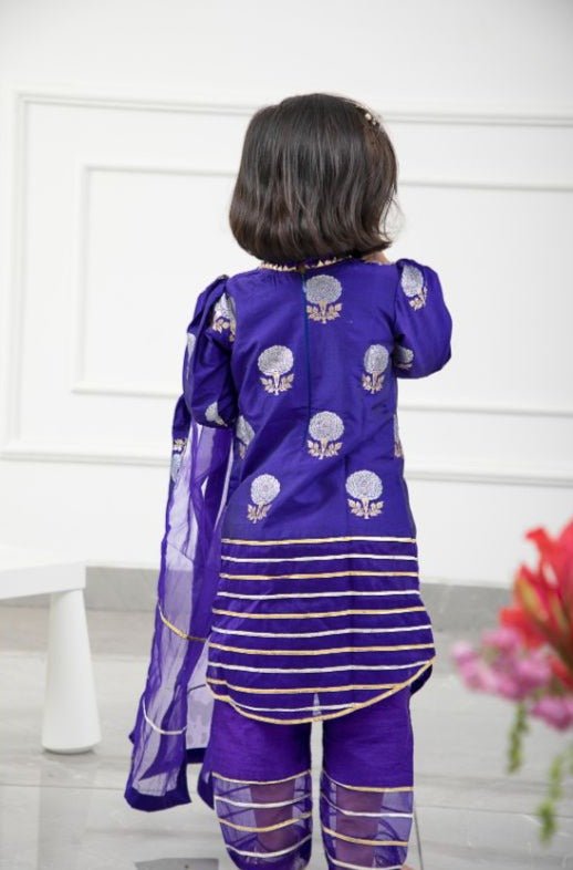 Round Neck Brocade Embroidered Stylish Purple Kurti With Organza Hem Pant And Dupatta - Kirti Agarwal