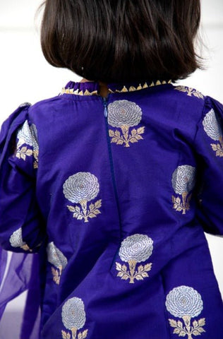 Round Neck Brocade Embroidered Stylish Purple Kurti With Organza Hem Pant And Dupatta - Kirti Agarwal
