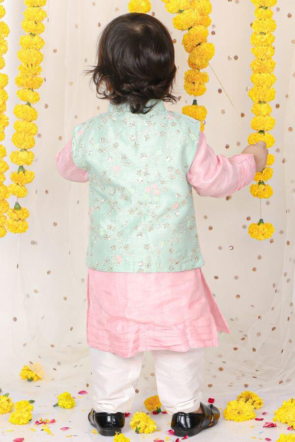 Sequin Work Jacket With Pink Kurta And Pyjama. - Kirti Agarwal