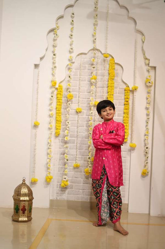 Sequins And Thread Embroidered Asymmetric Hot Pink Kurta With Patola Printed Dhoti - Kirti Agarwal