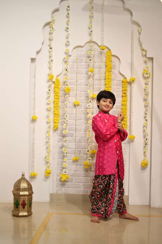 Sequins And Thread Embroidered Asymmetric Hot Pink Kurta With Patola Printed Dhoti - Kirti Agarwal