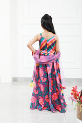 Stylish Diagonal Gota Lace Work Striped Multicolour Cape Top And Floral Printed Palazzo - Kirti Agarwal