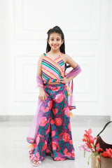 Stylish Diagonal Gota Lace Work Striped Multicolour Cape Top And Floral Printed Palazzo - Kirti Agarwal