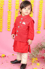Thread And Sequins Embroidered Red Jacket And Kurta With Pyjama - Kirti Agarwal