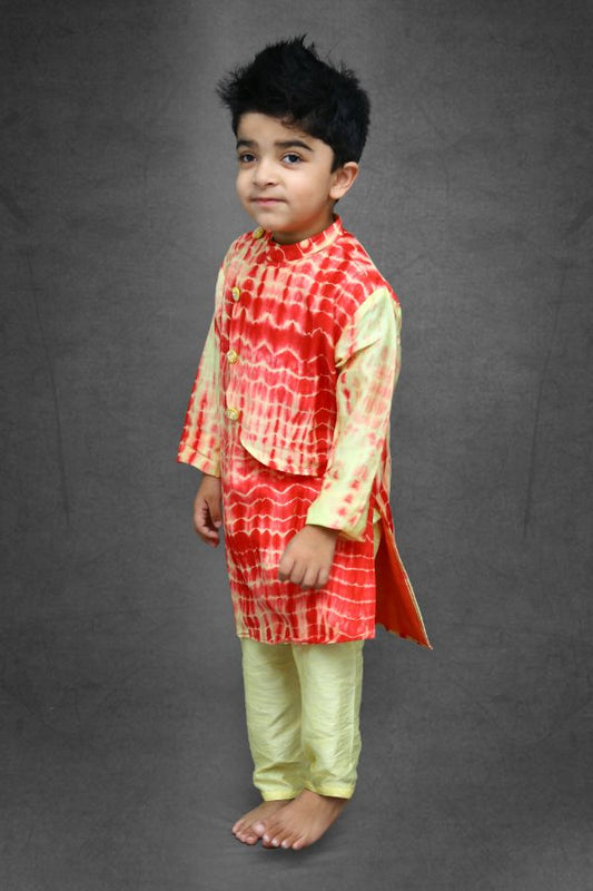Tie and Dyed Yellow red Kurta with pale yellow chudidar - Kirti Agarwal