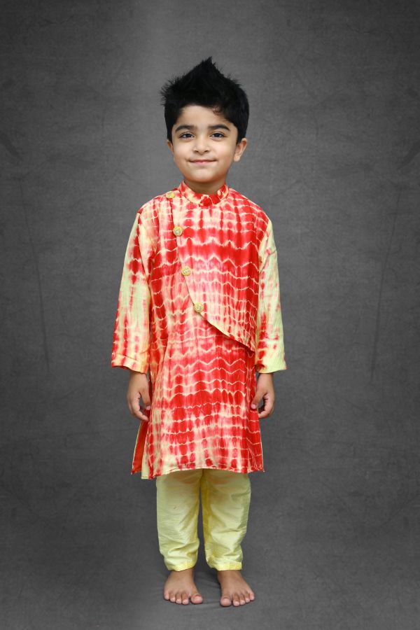 Tie and Dyed Yellow red Kurta with pale yellow chudidar - Kirti Agarwal