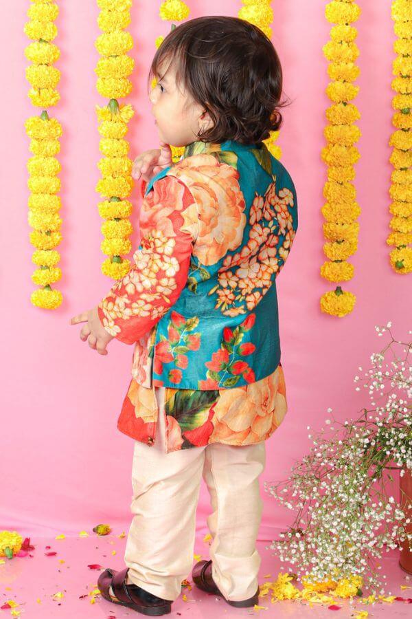 Velvet Floral Printed Orange Kurta With Green Velvet Jacket And Pyjama - Kirti Agarwal