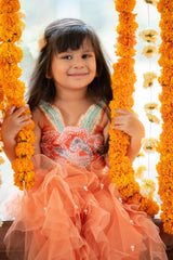 Vibrant Orange tulle style dress with flower embroidery on top - Kirti Agarwal