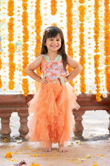 Vibrant Orange tulle style dress with flower embroidery on top - Kirti Agarwal