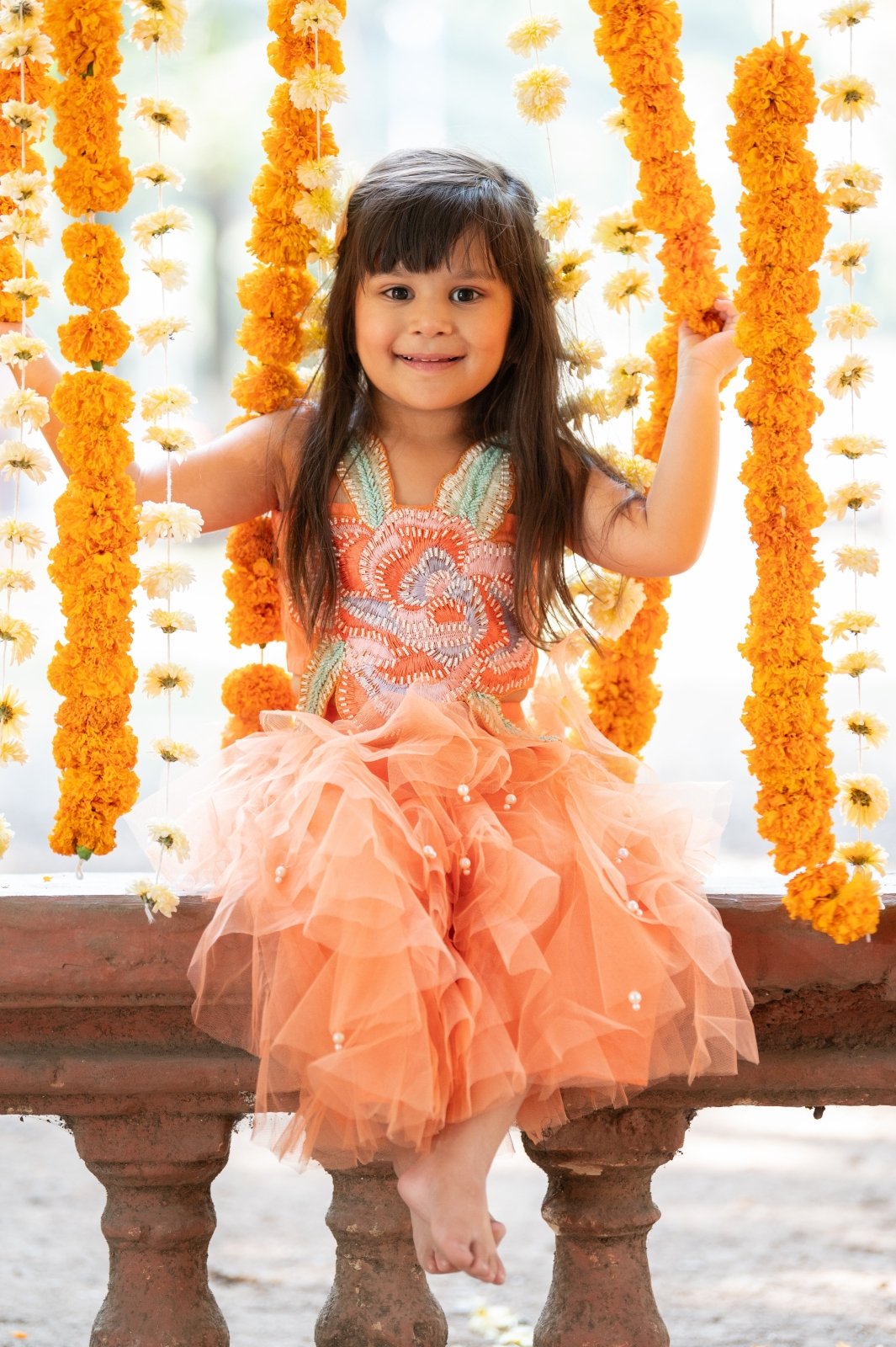 Vibrant Orange tulle style dress with flower embroidery on top - Kirti Agarwal