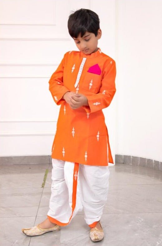 White Embroidered Orange Kurta with Dhoti - Kirti Agarwal