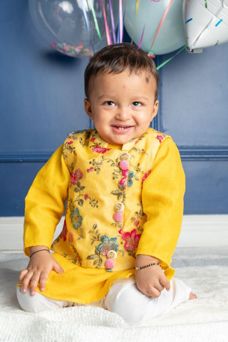 Yellow Embroidered jacket with kurta and chudidar - Kirti Agarwal