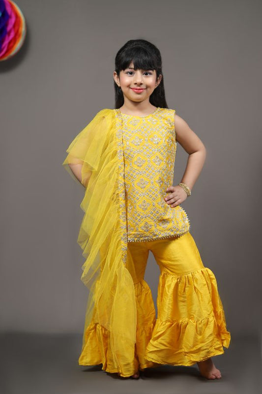 Yellow Embroidered Kurta With Sharara And Net Dupatta - Kirti Agarwal