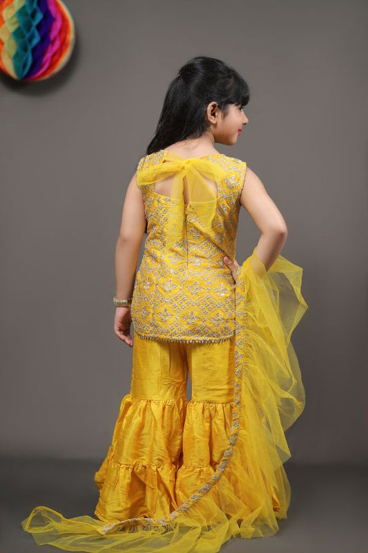 Yellow Embroidered Kurta With Sharara And Net Dupatta - Kirti Agarwal