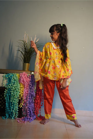 Yellow flower print Kaftan with pants - Kirti Agarwal