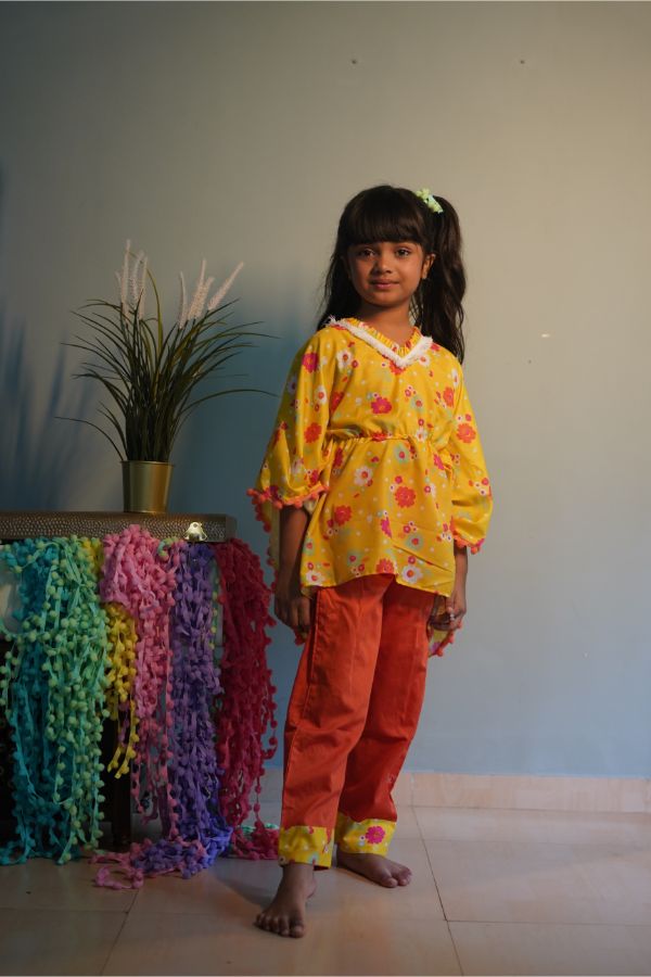Yellow flower print Kaftan with pants - Kirti Agarwal