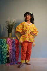 Yellow flower print Kaftan with pants - Kirti Agarwal