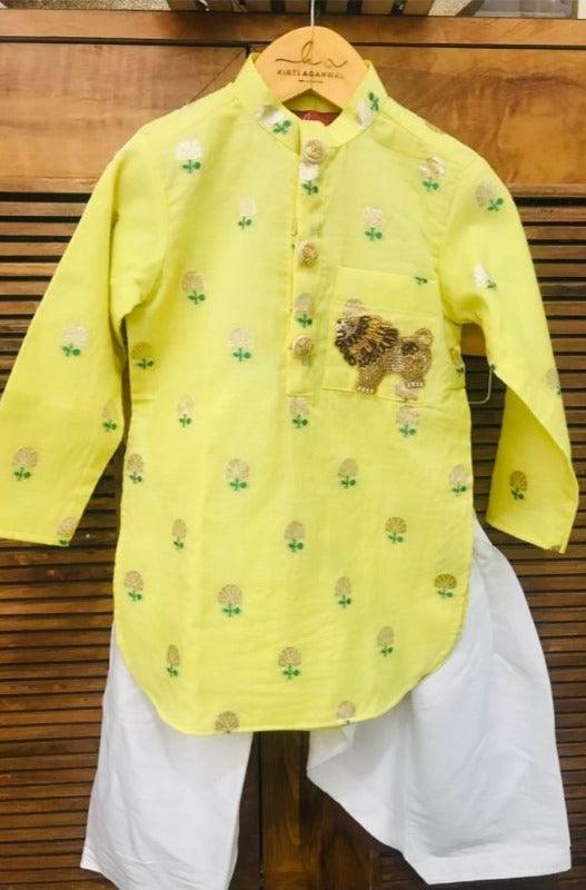 Yellow Green Chanderi Kurta with Patiala Salwar - Kirti Agarwal