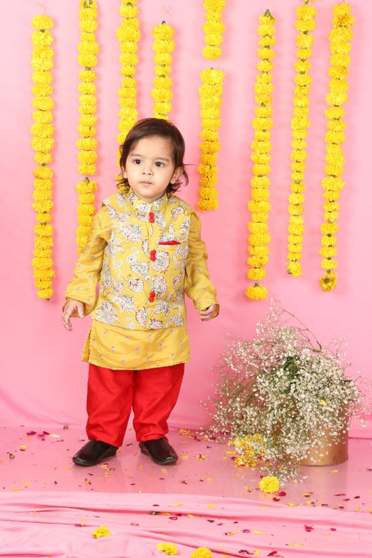 Yellow Kurta With Off White Floral Jacket And Pyjama - Kirti Agarwal