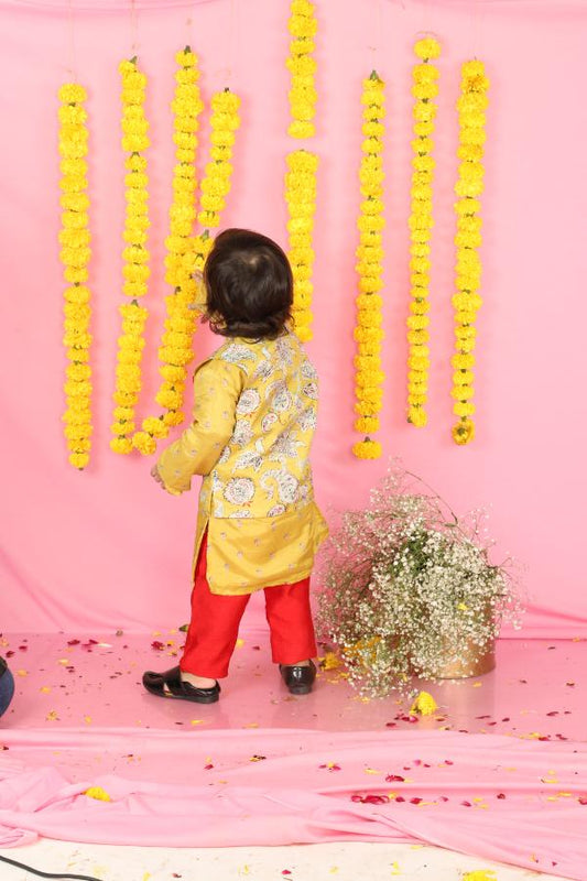 Yellow Kurta With Off White Floral Jacket And Pyjama - Kirti Agarwal