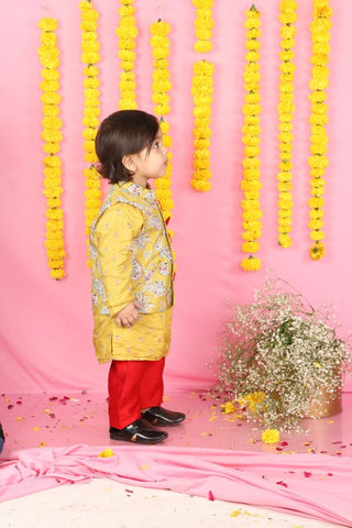 Yellow Kurta With Off White Floral Jacket And Pyjama - Kirti Agarwal