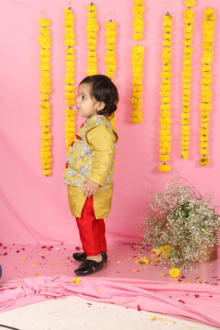 Yellow Kurta With Off White Floral Jacket And Pyjama - Kirti Agarwal