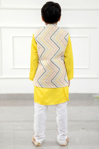 Yellow Kurta With Off White Sequins Embroidered Jacket And Pyjama - Kirti Agarwal