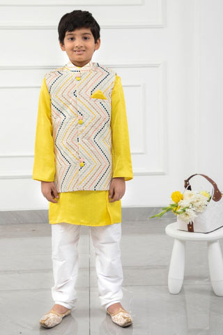 Yellow Kurta With Off White Sequins Embroidered Jacket And Pyjama - Kirti Agarwal