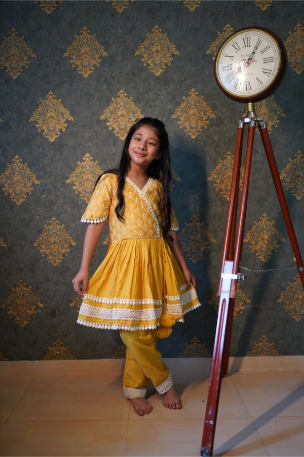 Yellow Thread Embroidered And Lace Work Kurti With Pant - Kirti Agarwal