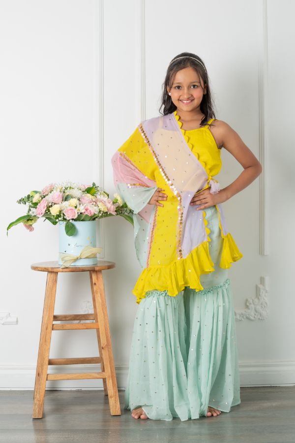 Yellow Top With Knot Detailed Cape And Dotted Sharara - Kirti Agarwal