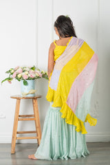 Yellow Top With Knot Detailed Cape And Dotted Sharara - Kirti Agarwal