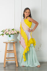 Yellow Top With Knot Detailed Cape And Dotted Sharara - Kirti Agarwal