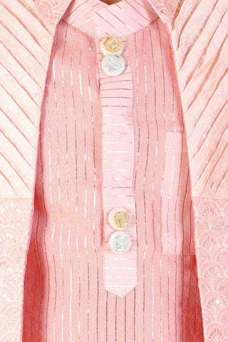 Zari Striped Peach Kurta With Open Embroidered Jacket And Pyjama - Kirti Agarwal
