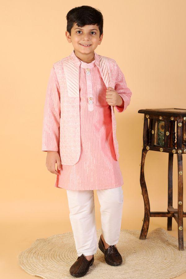 Zari Striped Peach Kurta With Open Embroidered Jacket And Pyjama - Kirti Agarwal